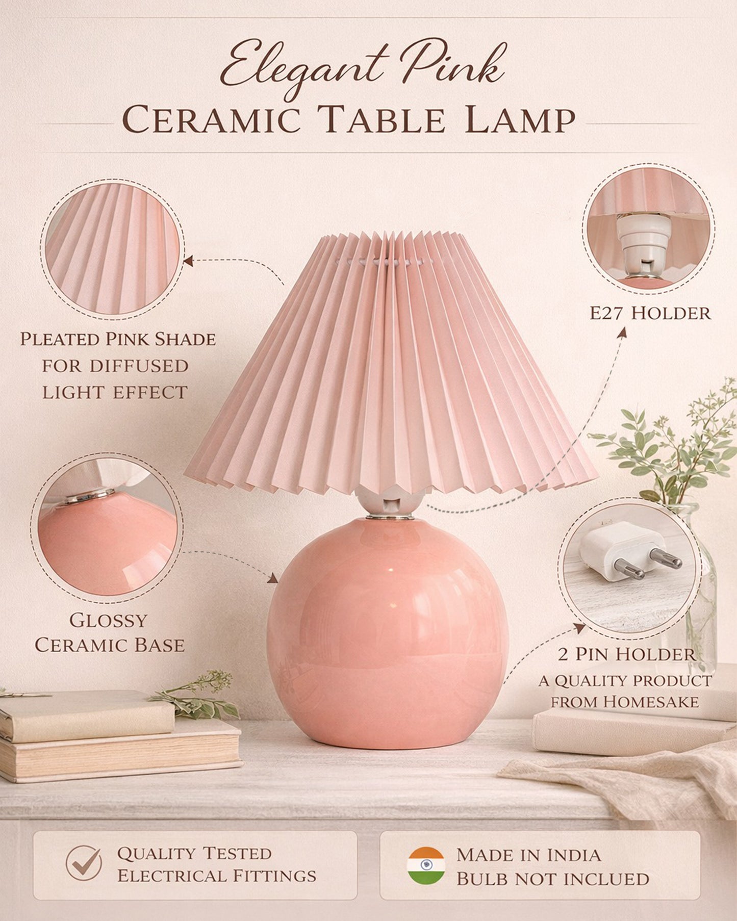 Bedside White Ceramic Table Lamp, Classic Desk lamp for Living Room Bedroom, Farmhouse Nightstand Lamps Round with Jute Pleated Shade