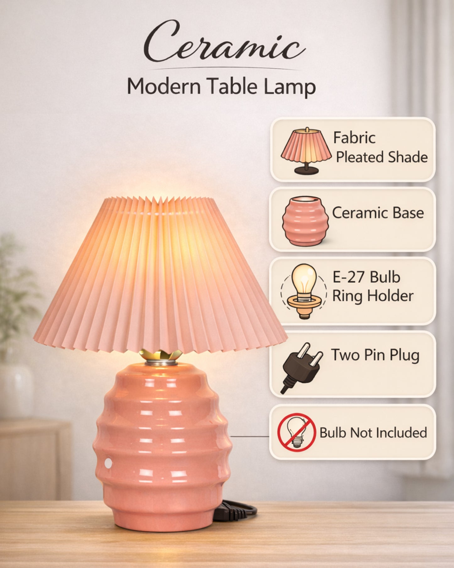 Homesake® Bedside Ceramic Table Lamp, Classic Desk lamp for Living Room Bedroom, Farmhouse Nightstand Lamps Ribbed with White Fabric Shade