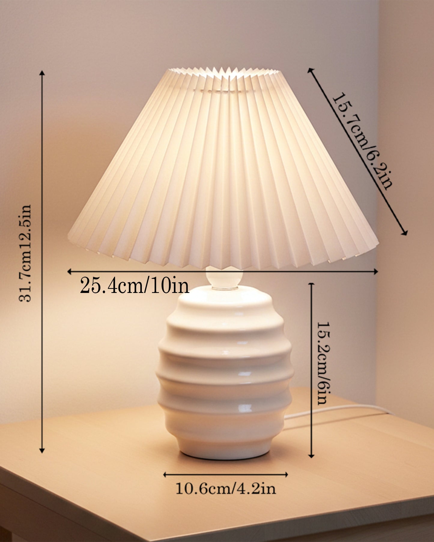Homesake® Bedside Ceramic Table Lamp, Classic Desk lamp for Living Room Bedroom, Farmhouse Nightstand Lamps Ribbed with White Fabric Shade