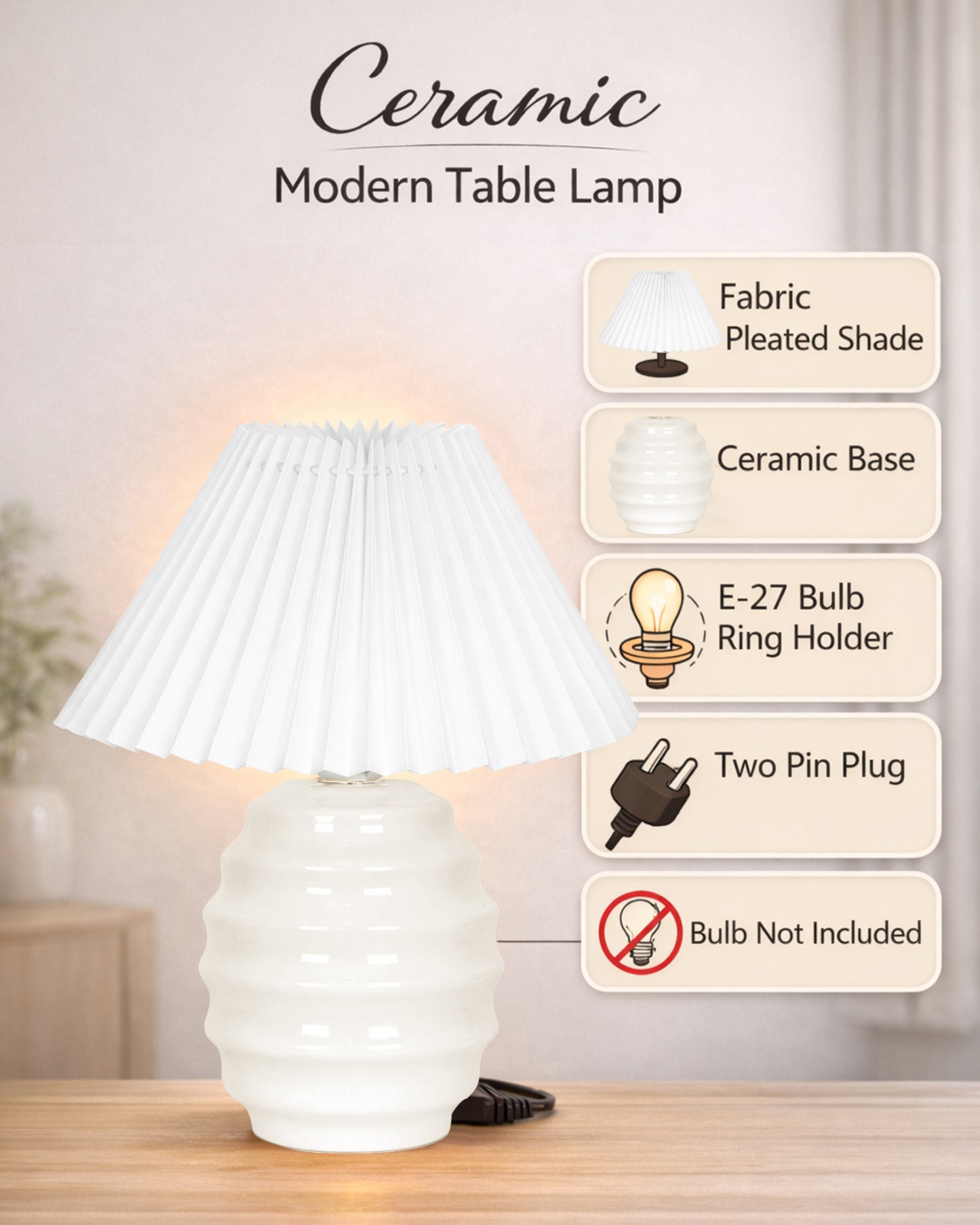 Homesake® Bedside Ceramic Table Lamp, Classic Desk lamp for Living Room Bedroom, Farmhouse Nightstand Lamps Ribbed with White Fabric Shade