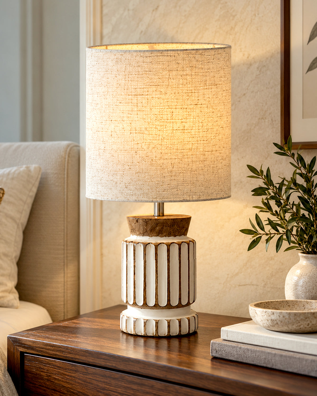 Homesake® Retro Farmhouse Table Lamp Wooden Base for Living Room Bedroom Rustic Linen Bedside Nightstand Lamps for Kids Room Study Office Home Decor Metal Shade
