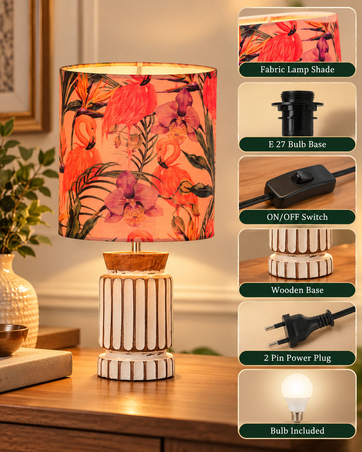 Homesake® Retro Farmhouse Table Lamp Wooden Base for Living Room Bedroom Rustic Linen Bedside Nightstand Lamps for Kids Room Study Office Home Decor Metal Shade