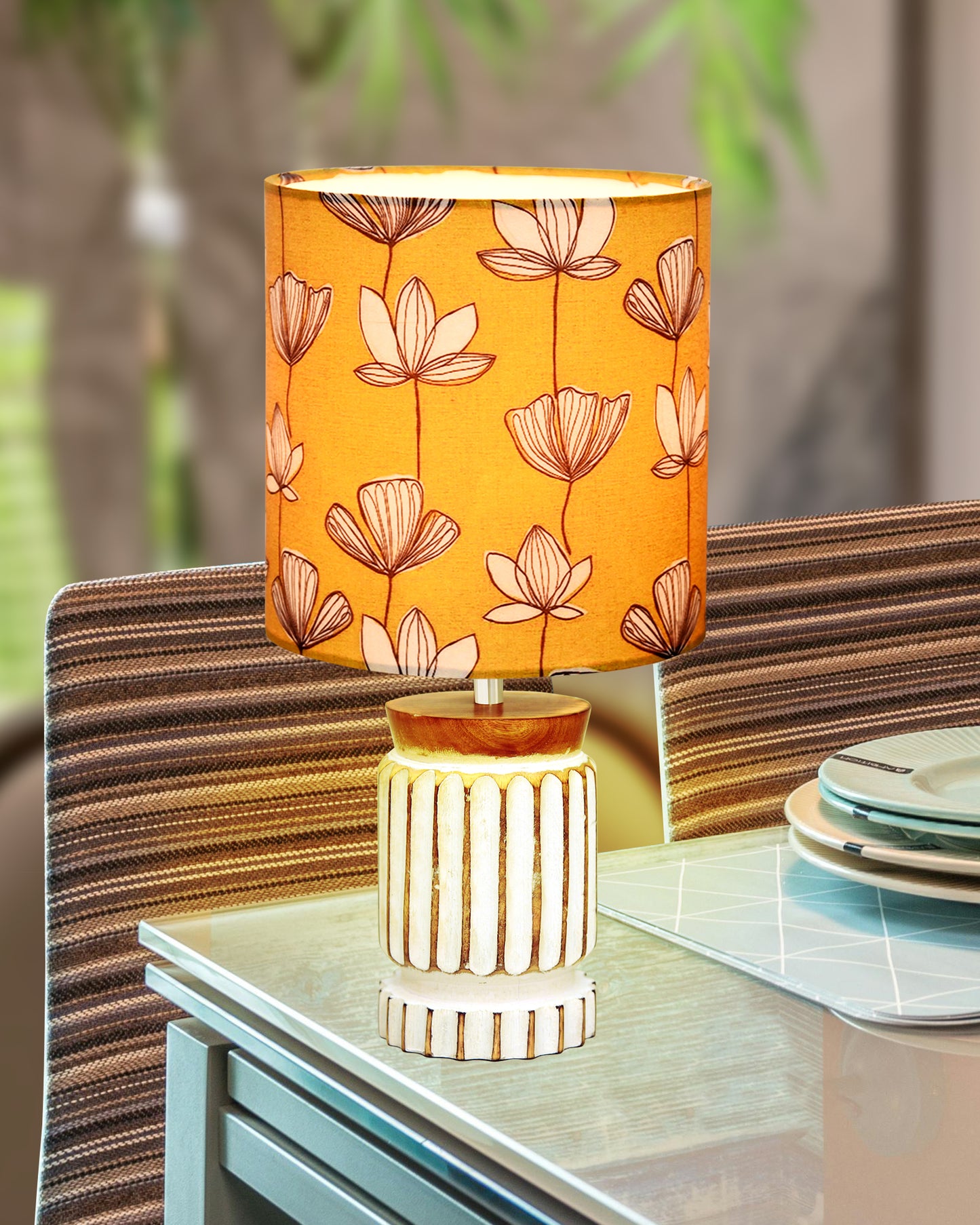 Retro Farmhouse Table Lamp for Living Room Bedroom Rustic Linen Bedside Nightstand Lamps for Kids Room Study Office Wood, Carved Cylinder.