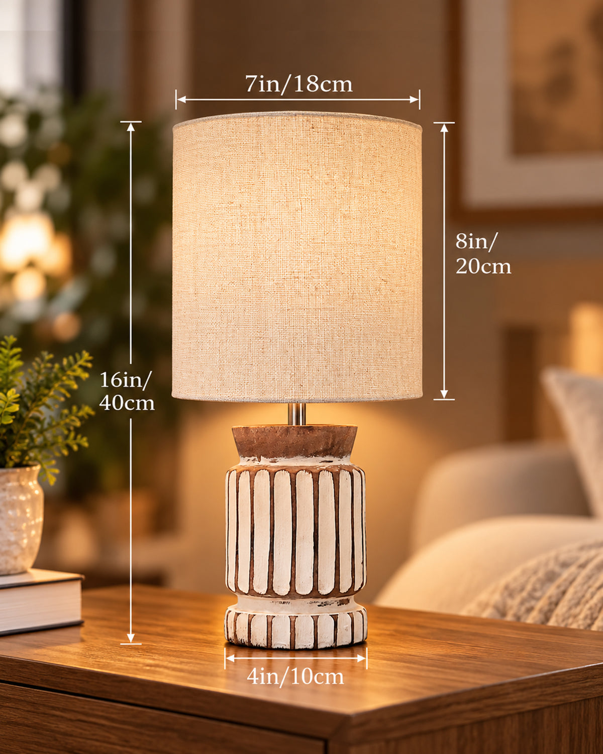 Homesake® Retro Farmhouse Table Lamp Wooden Base for Living Room Bedroom Rustic Linen Bedside Nightstand Lamps for Kids Room Study Office Home Decor Metal Shade