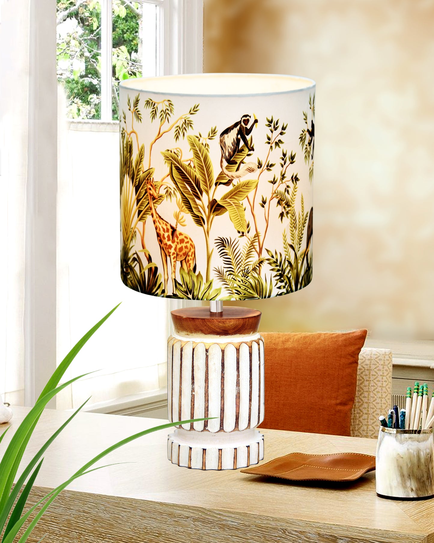 Retro Farmhouse Table Lamp for Living Room Bedroom Rustic Linen Bedside Nightstand Lamps for Kids Room Study Office Wood, Carved Cylinder.