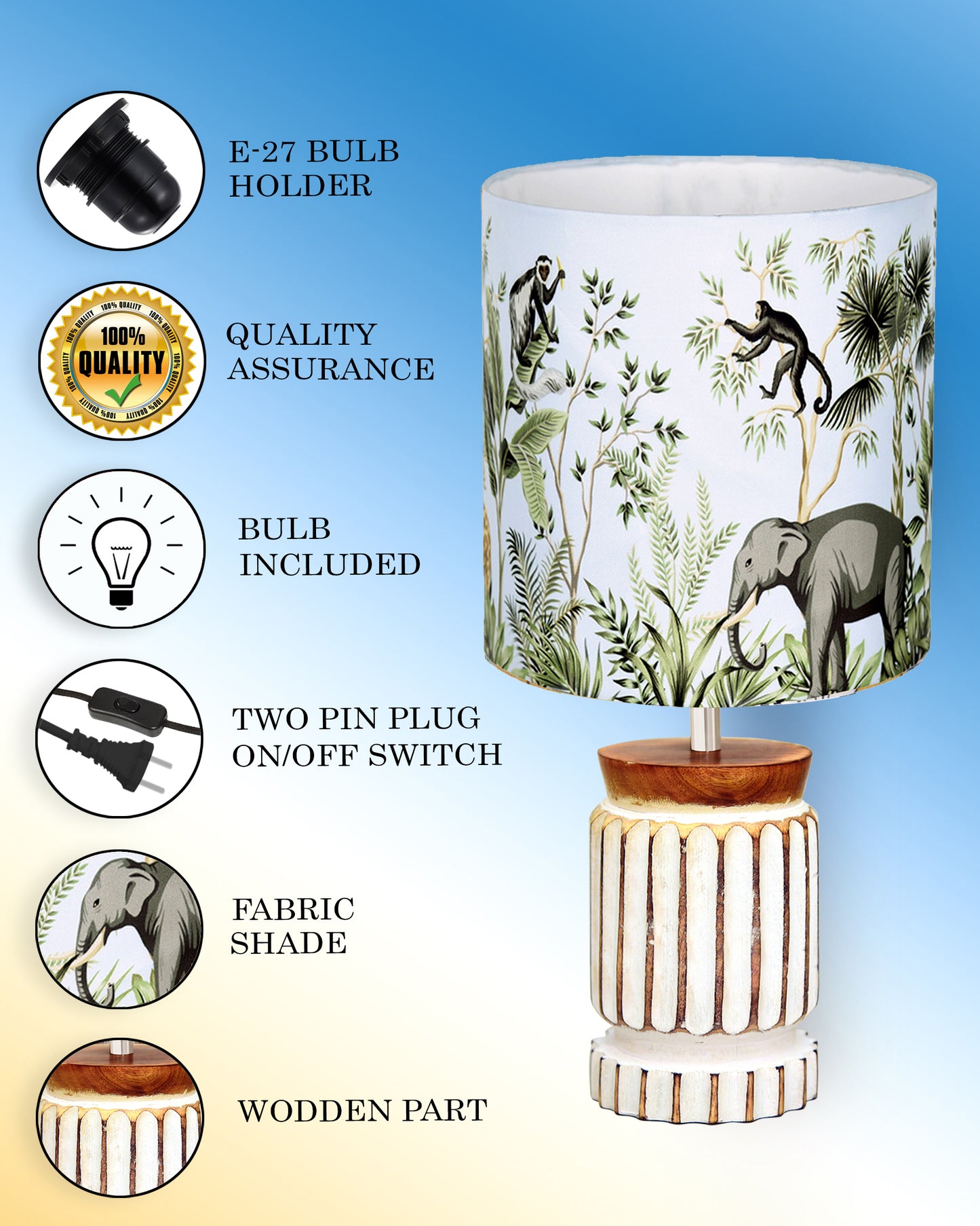 Retro Farmhouse Table Lamp for Living Room Bedroom Rustic Linen Bedside Nightstand Lamps for Kids Room Study Office Wood, Carved Cylinder.