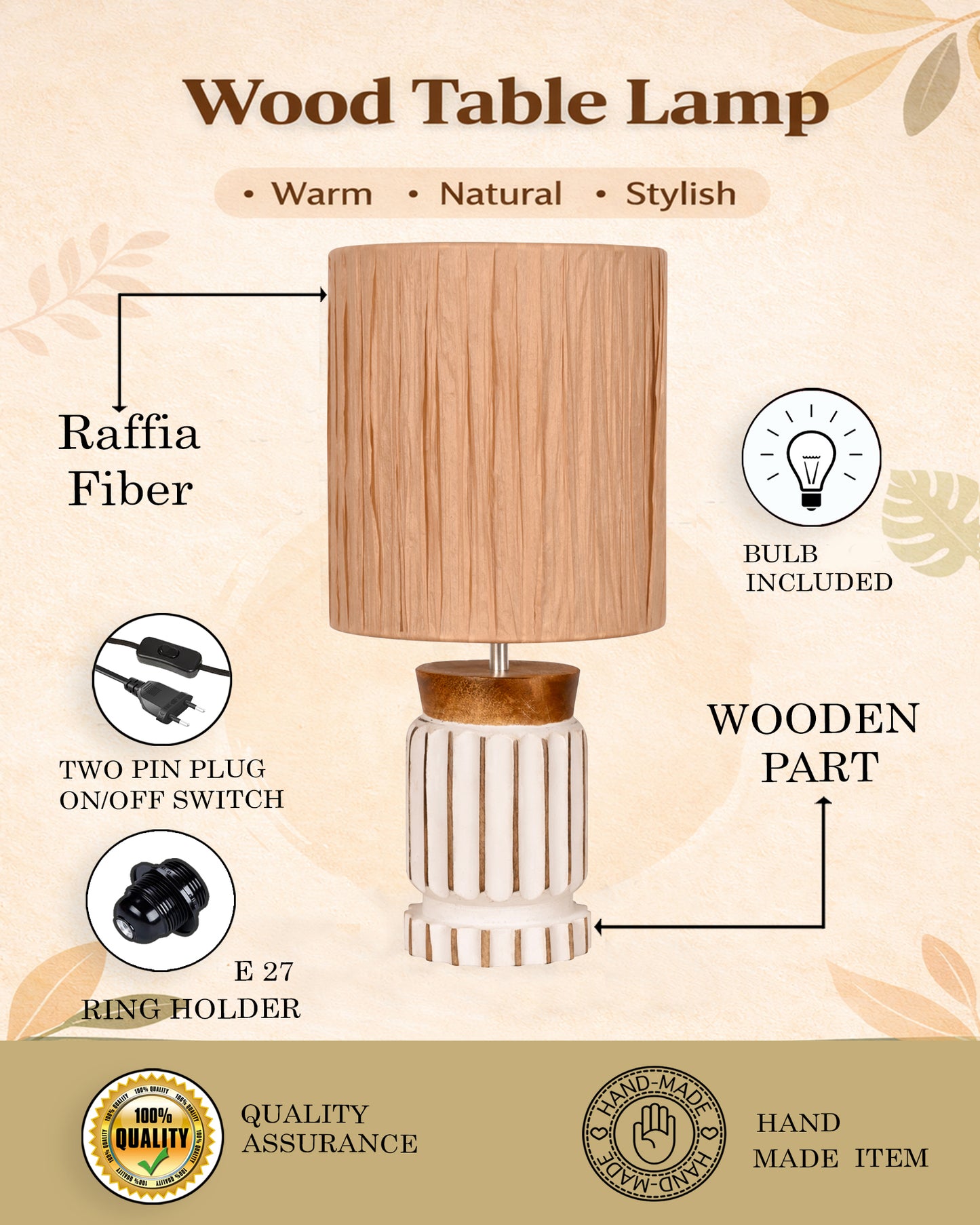 Homesake® Retro Farmhouse Table Lamp Wooden Base for Living Room Bedroom Rustic Linen Bedside Nightstand Lamps for Kids Room Study Office Home Decor Metal Shade