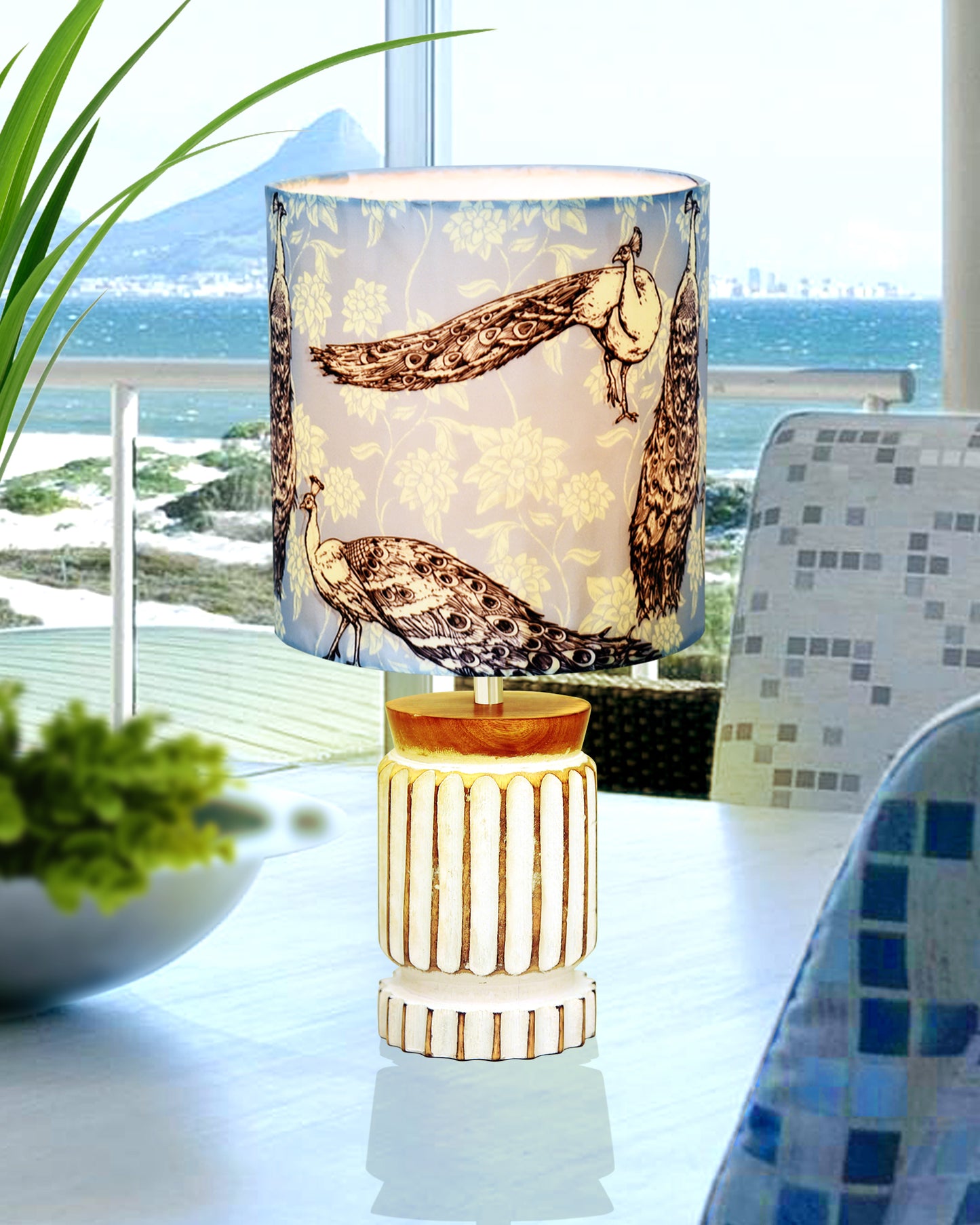 Retro Farmhouse Table Lamp for Living Room Bedroom Rustic Linen Bedside Nightstand Lamps for Kids Room Study Office Wood, Carved Cylinder.