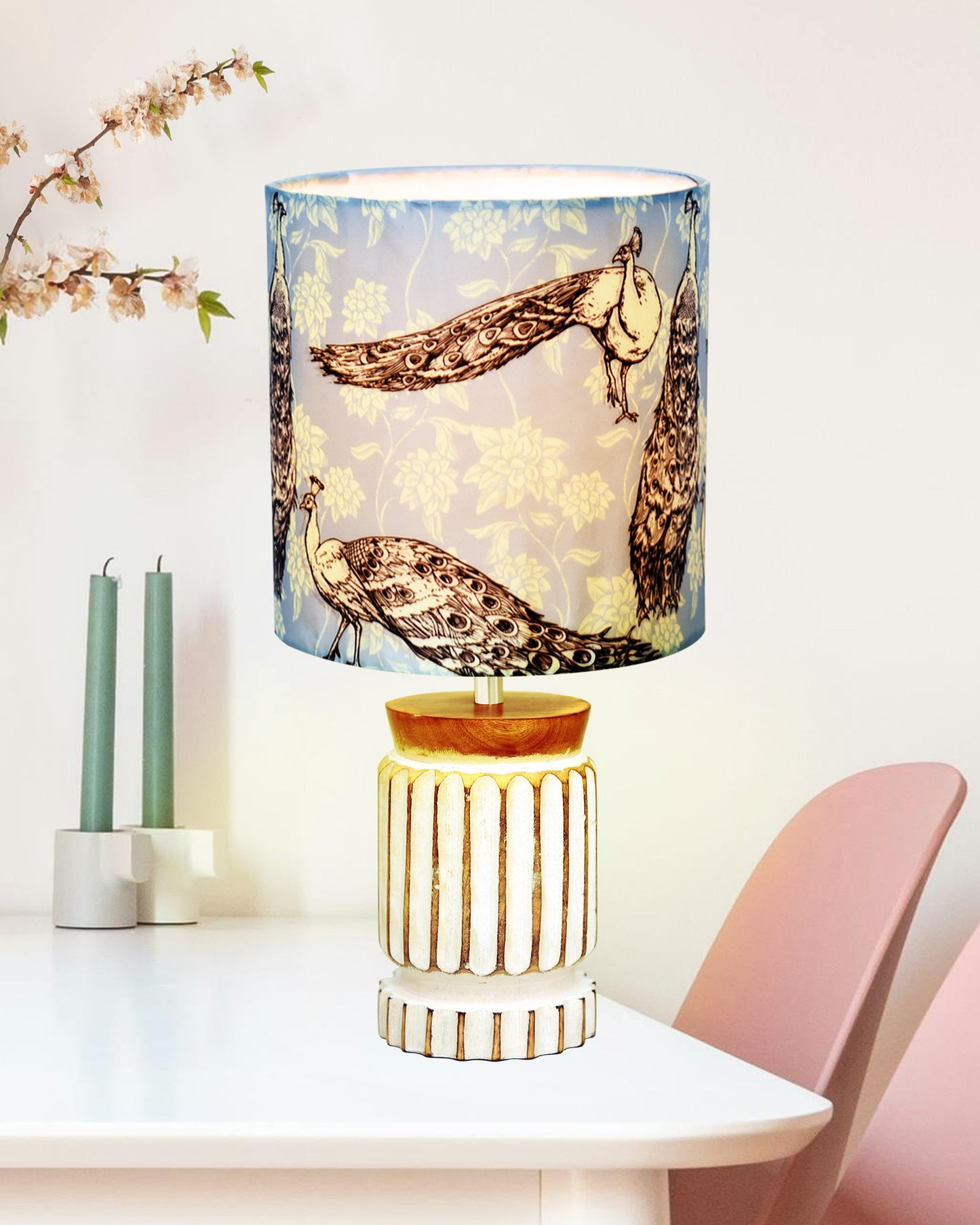 Retro Farmhouse Table Lamp for Living Room Bedroom Rustic Linen Bedside Nightstand Lamps for Kids Room Study Office Wood, Carved Cylinder.