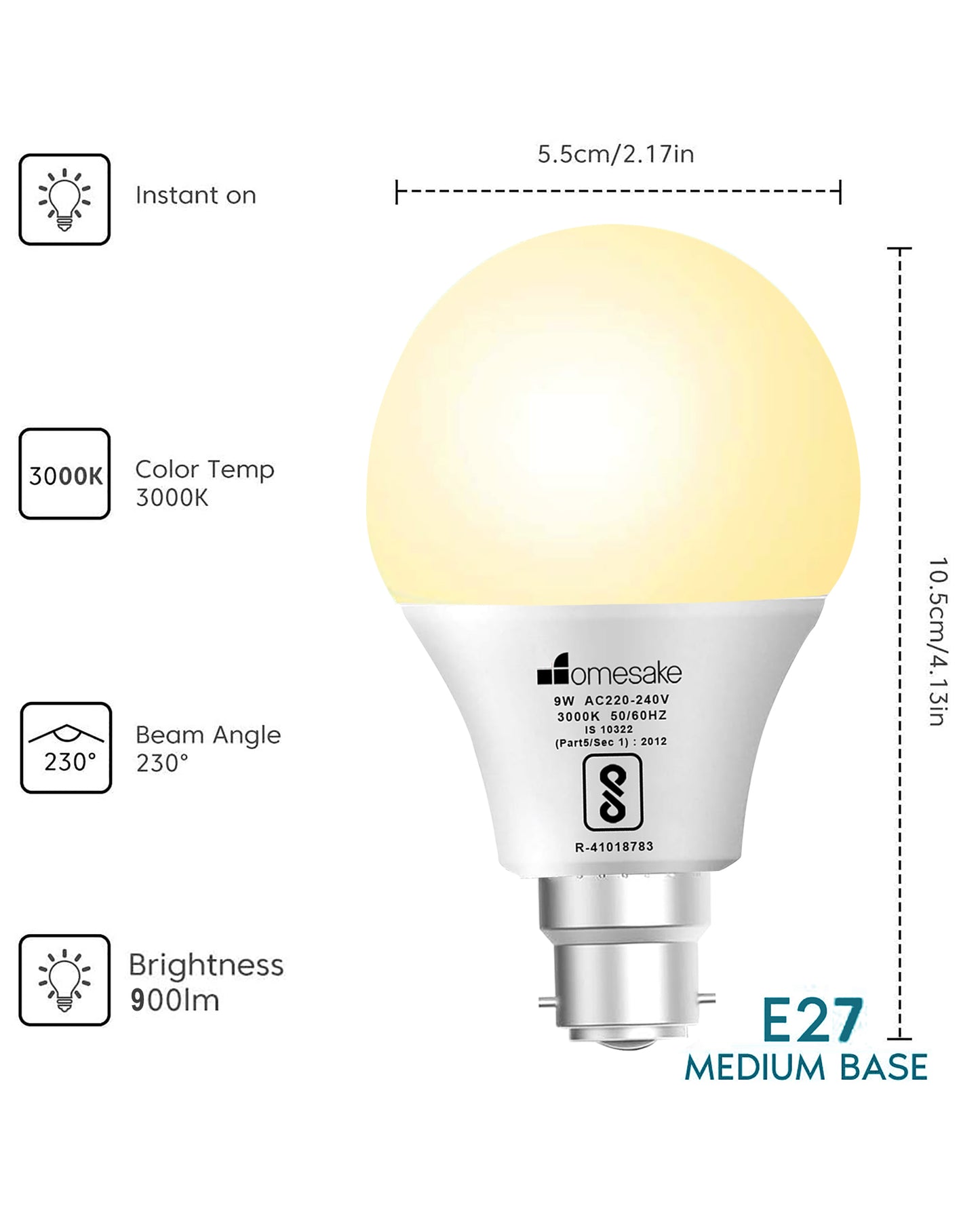 Homesake® B22 Light Bulbs Cool White 6000K 9W Standard Edison Base Bulb,for Bedroom Living Room, Energy Saving LED Light Bulb for Home, Office & Study Room