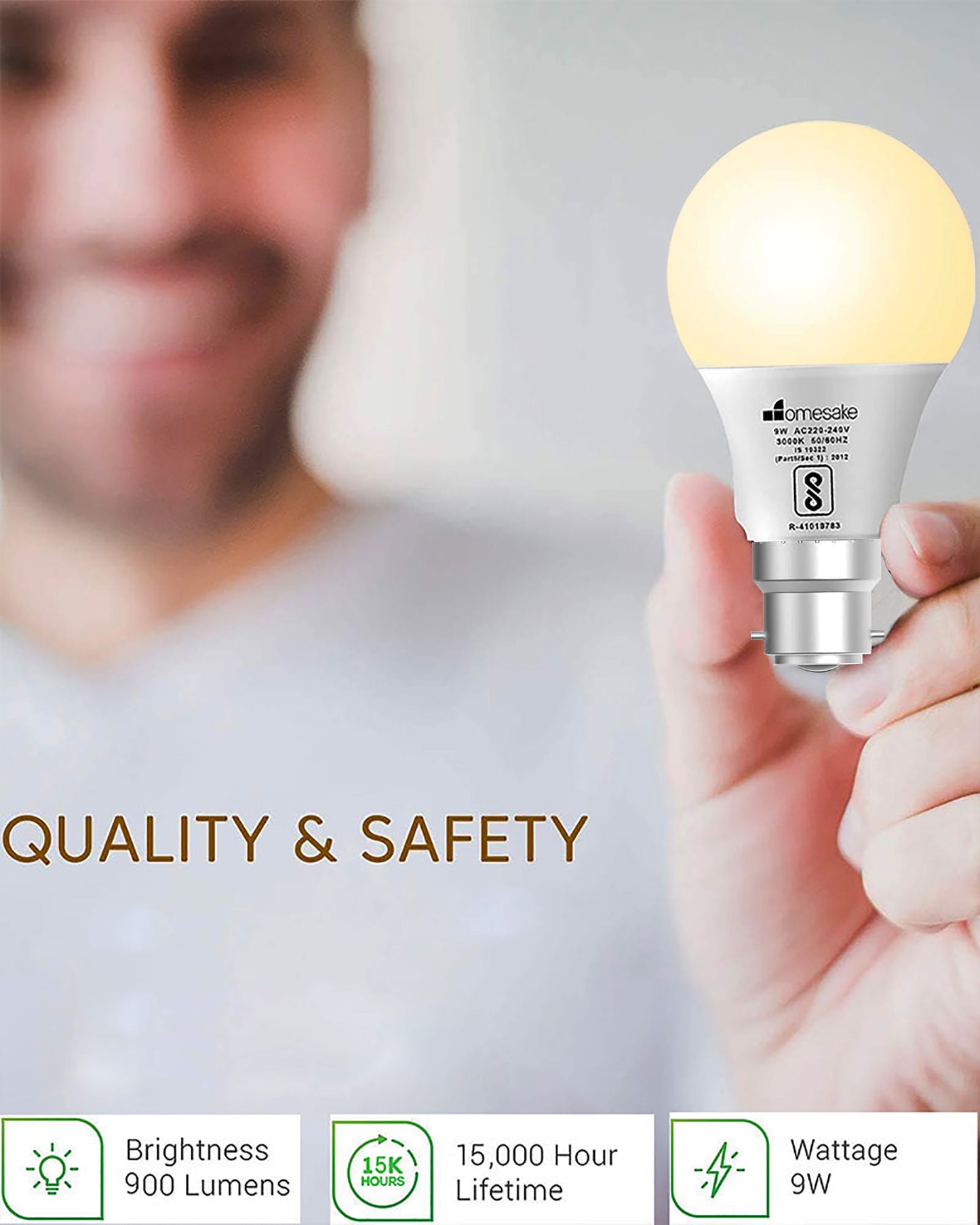 Homesake® B22 Light Bulbs Cool White 6000K 9W Standard Edison Base Bulb,for Bedroom Living Room, Energy Saving LED Light Bulb for Home, Office & Study Room