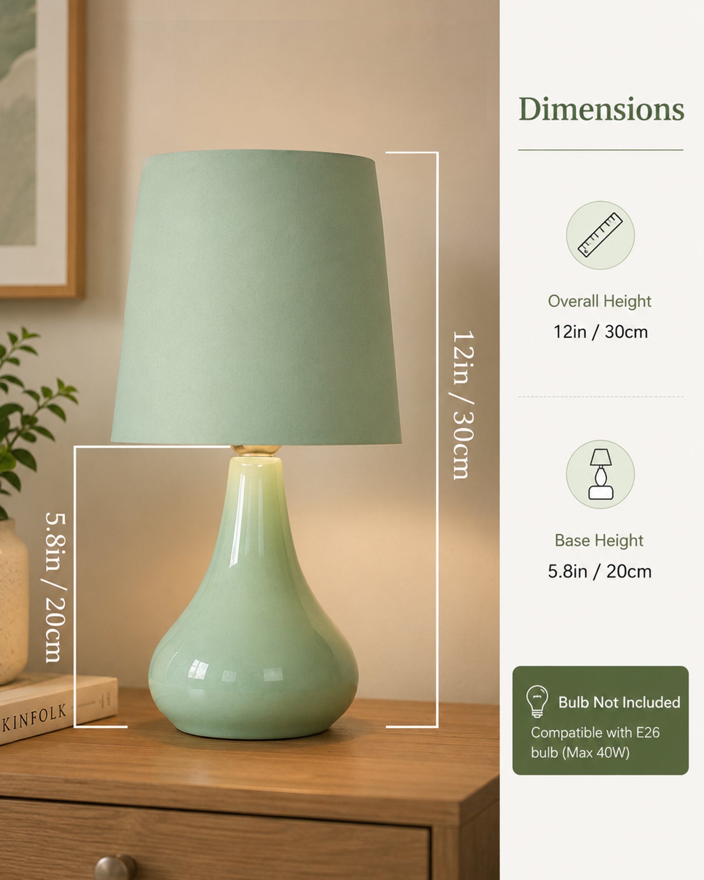 Bedside Ceramic Table Lamp, Classic Desk lamp for Living Room Bedroom, Farmhouse Nightstand Lamps Teardrop with Sage Fabric Shade