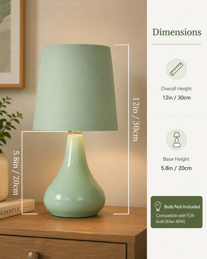 Bedside Ceramic Table Lamp, Classic Desk lamp for Living Room Bedroom, Farmhouse Nightstand Lamps Teardrop with Sage Fabric Shade