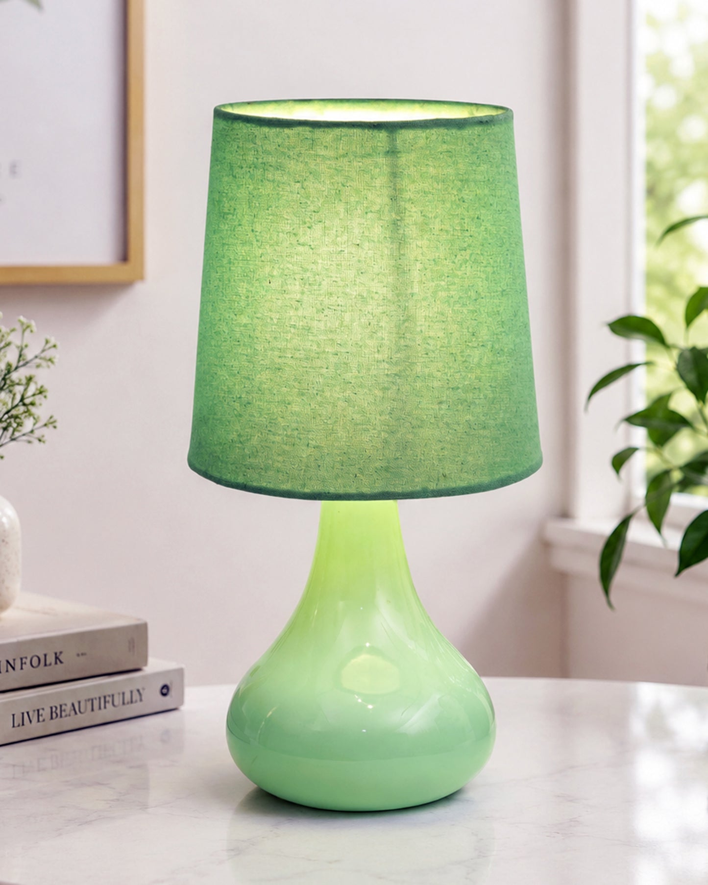 Bedside Ceramic Table Lamp, Classic Desk lamp for Living Room Bedroom, Farmhouse Nightstand Lamps Teardrop with Sage Fabric Shade