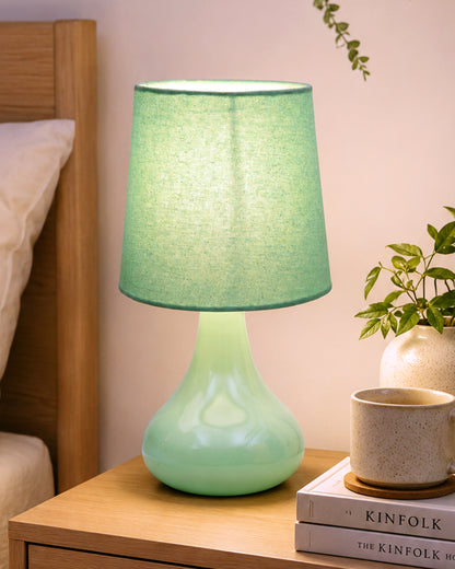 Bedside Ceramic Table Lamp, Classic Desk lamp for Living Room Bedroom, Farmhouse Nightstand Lamps Teardrop with Sage Fabric Shade