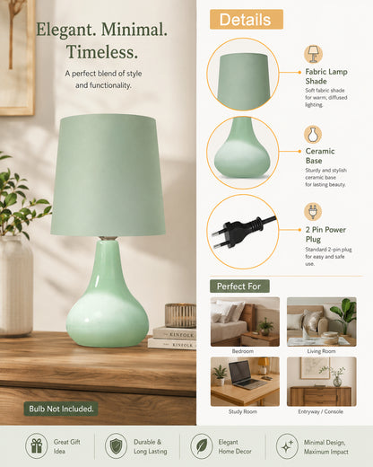 Bedside Ceramic Table Lamp, Classic Desk lamp for Living Room Bedroom, Farmhouse Nightstand Lamps Teardrop with Sage Fabric Shade