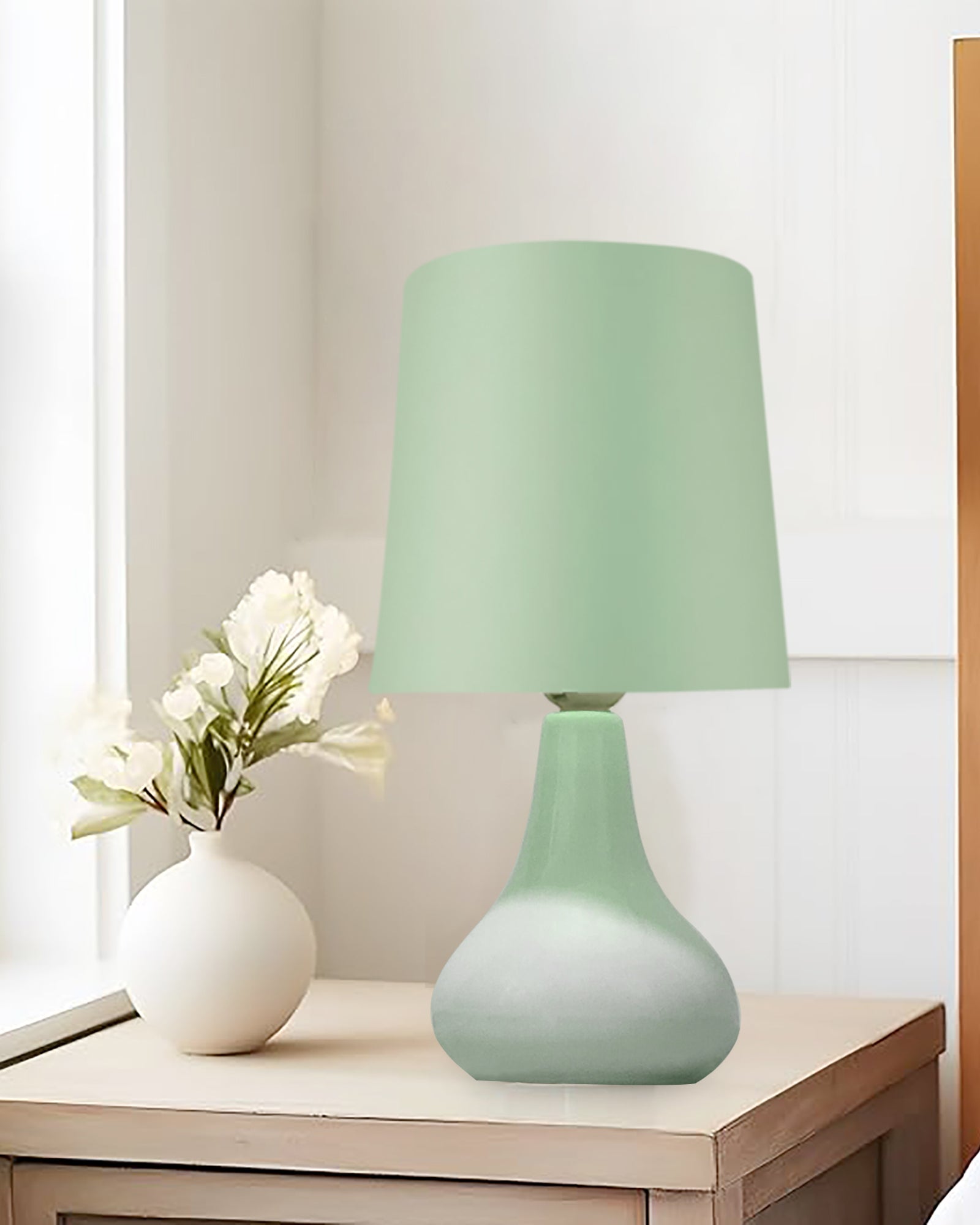 Bedside Ceramic Table Lamp, Classic Desk lamp for Living Room Bedroom,  Farmhouse Nightstand Lamps Teardrop with Sage Fabric Shade