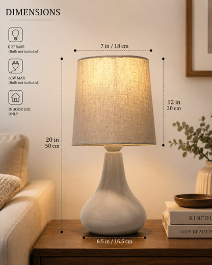 Bedside Ceramic Table Lamp, Classic Desk lamp for Living Room Bedroom, Farmhouse Nightstand Lamps Teardrop with Sage Fabric Shade