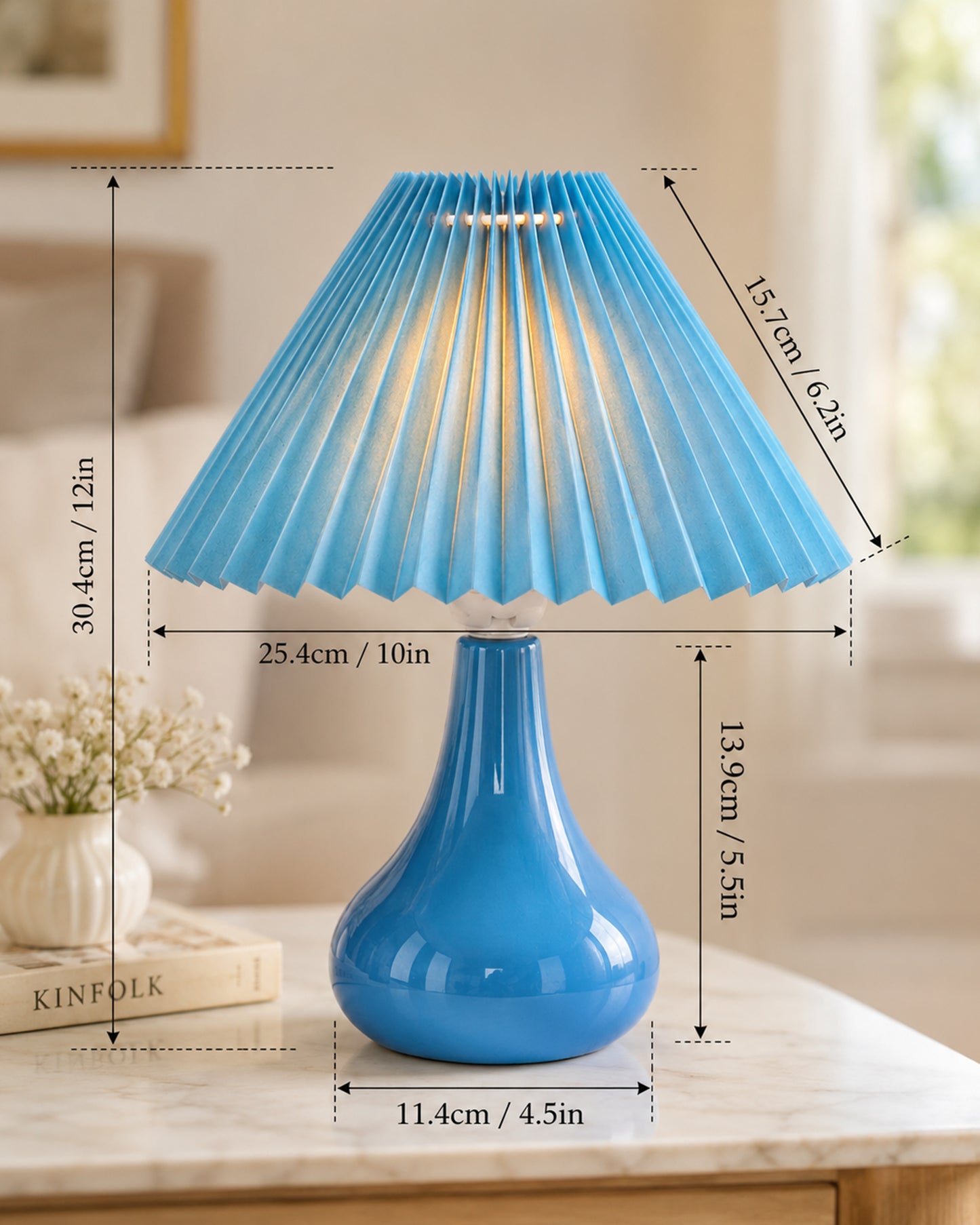 Bedside Ceramic Table Lamp, Classic Desk lamp for Living Room Bedroom, Farmhouse Nightstand Lamps Teardrop with Sage Fabric Shade