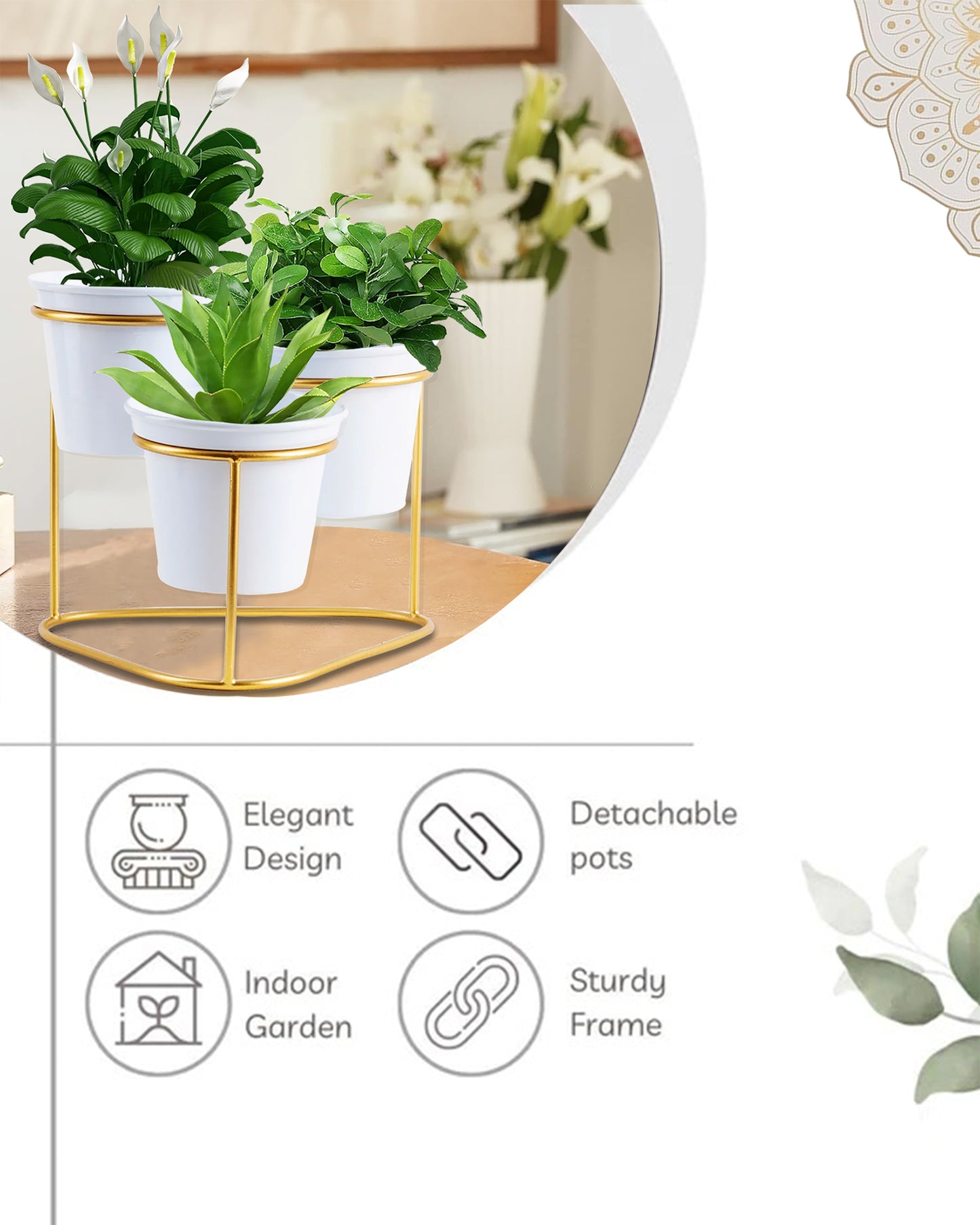 Homesake® Gold and White Metal Triple Planter ,Pot for Succulents, Cactus & Small Plants - Minimalistic Design for Desk Window Modern Kitchen