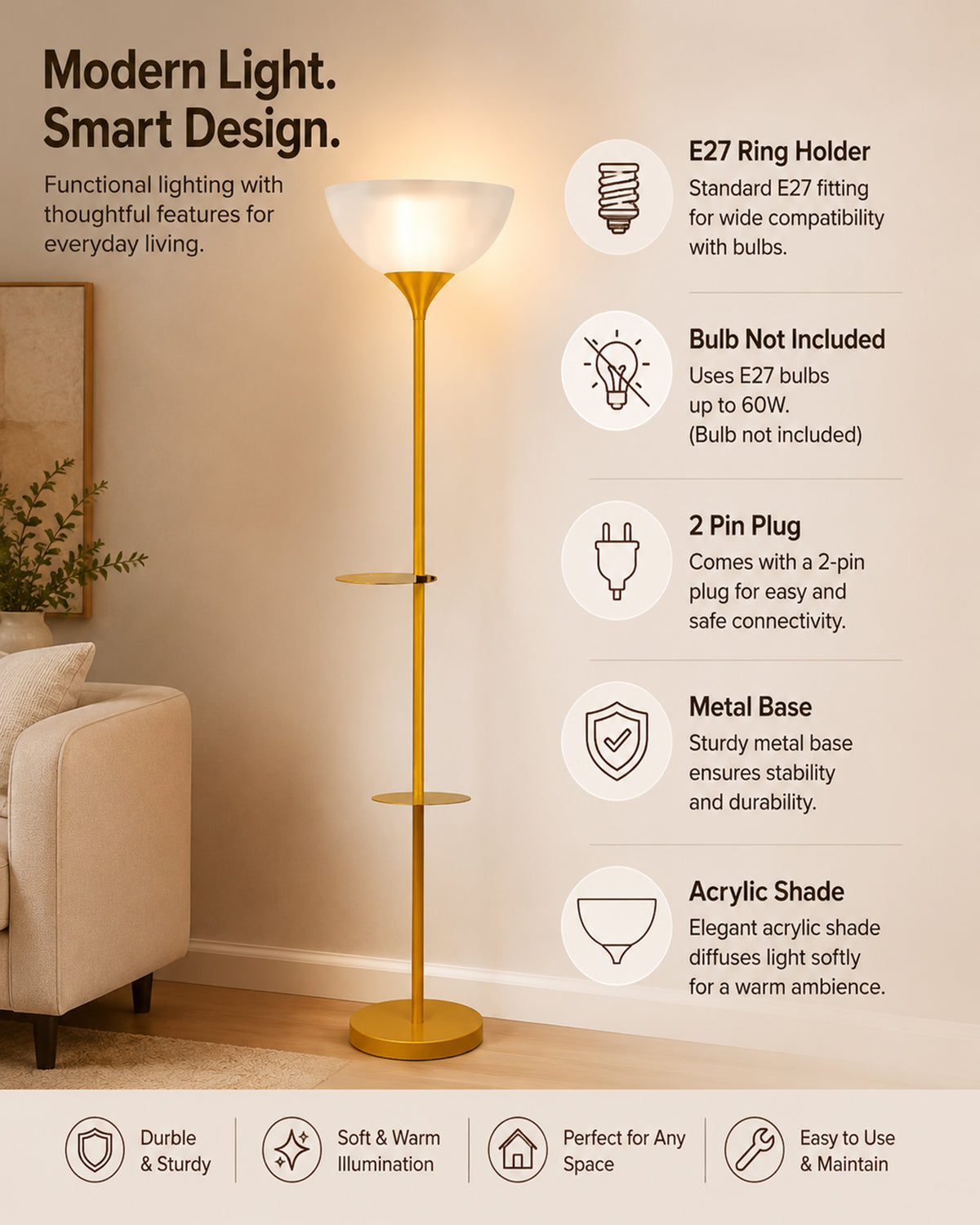 Homesake® Sky Dome Standing Lamps with Acrylic Shade | Modern Floor Lamp for Living Room, Bedrooms, Corner Lamp for Living Room | Standing Lamp (Duo Shelf)