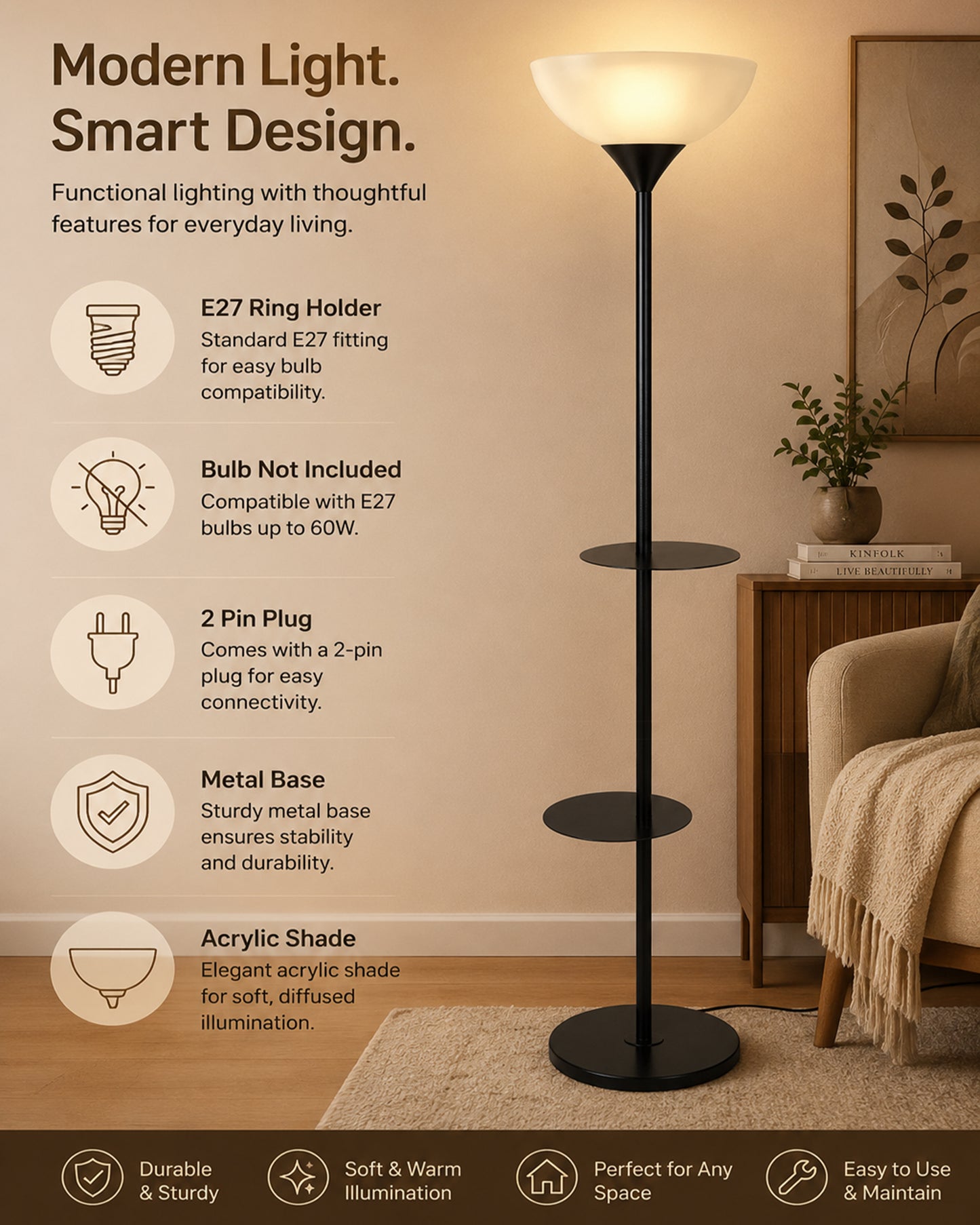 Homesake® Sky Dome Standing Lamps with Acrylic Shade | Modern Floor Lamp for Living Room, Bedrooms, Corner Lamp for Living Room | Standing Lamp (Duo Shelf)