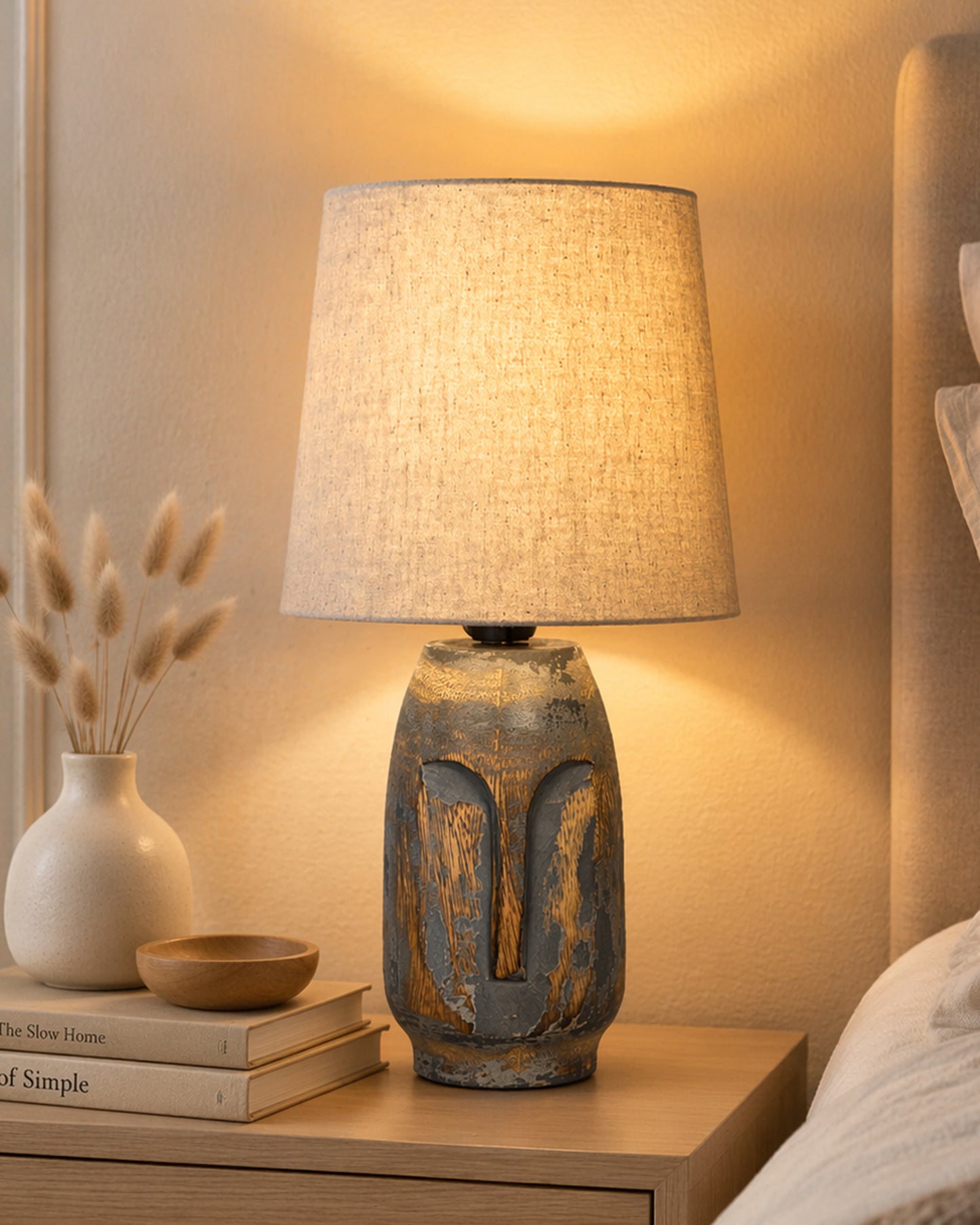 Small Table Lamp for Bedroom Living Room Simple Retro Wood Grain Farmhouse Bedside Lamps Suitable for Nightstand, Gift, Teardrop