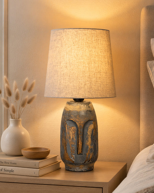 Small Table Lamp for Bedroom Living Room Simple Retro Wood Grain Farmhouse Bedside Lamps Suitable for Nightstand, Gift, Teardrop