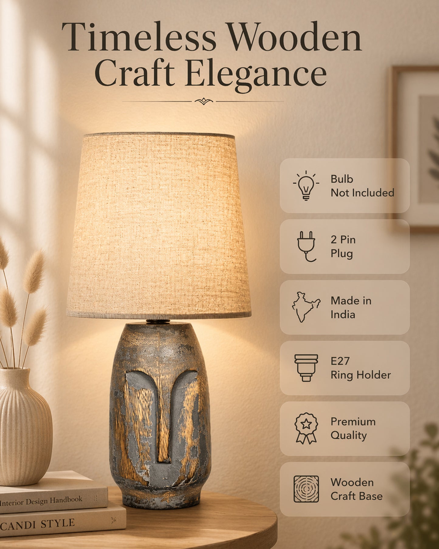 Small Table Lamp for Bedroom Living Room Simple Retro Wood Grain Farmhouse Bedside Lamps Suitable for Nightstand, Gift, Teardrop