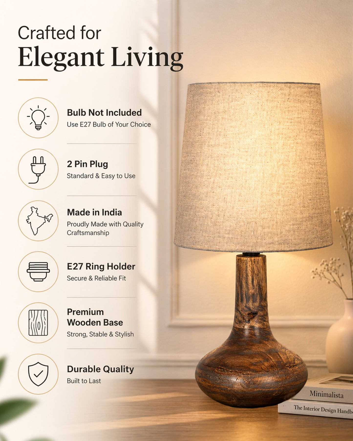 Homesake ® Distress Small Incandescent Table Lamp For Bedroom Living Room, Simple Retro Wood Grain Farmhouse Bedside Lamps Suitable For Desk Lamp Classic Table Light Bedroom, Nightstand, Gift