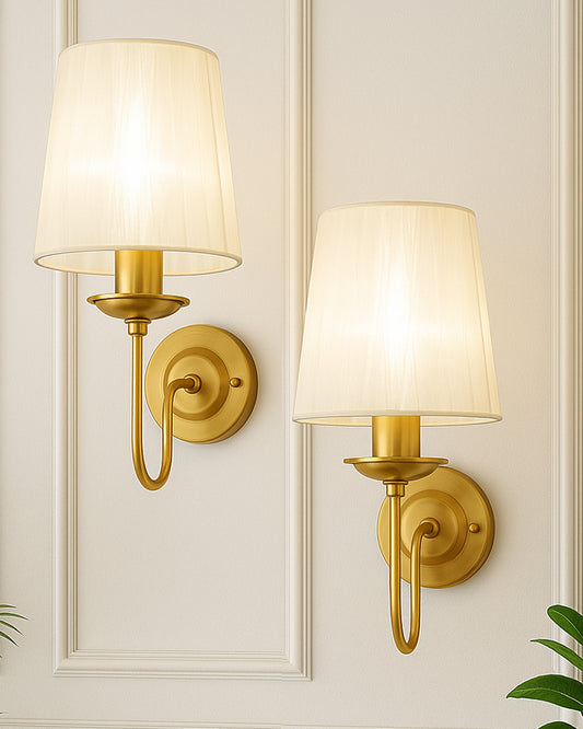 Antique Brass Wall Sconces Lighting Fixture, E27 Industrial Vintage Gold Wall Light Lamp Bathroom Decor for Bedroom Living Room, Sheen Fabric Shade, Brass