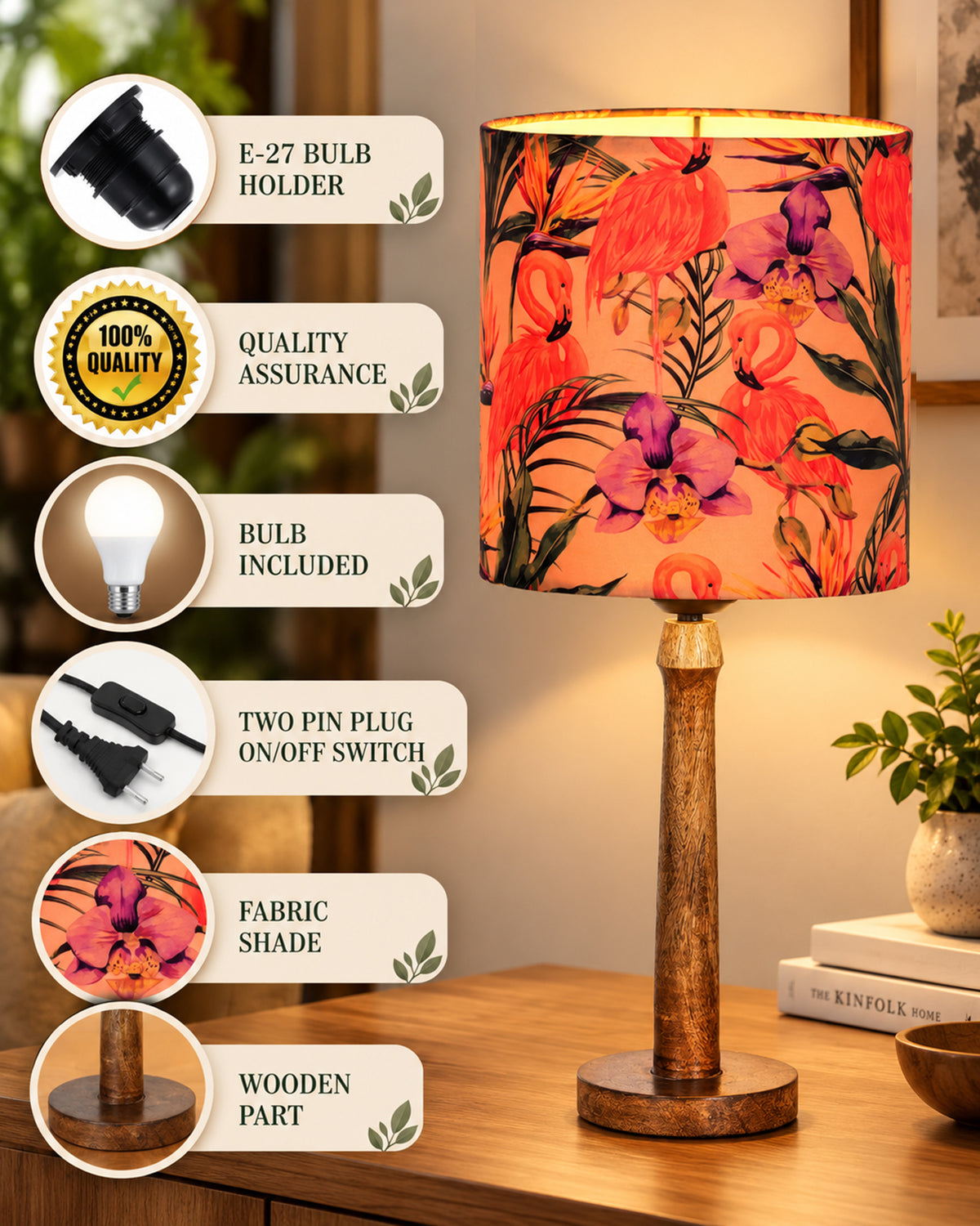 Modern Table Lamp, Wooden Base Modern Fabric Lampshade for Home Office Cafe Restaurant, Nordic Stick,