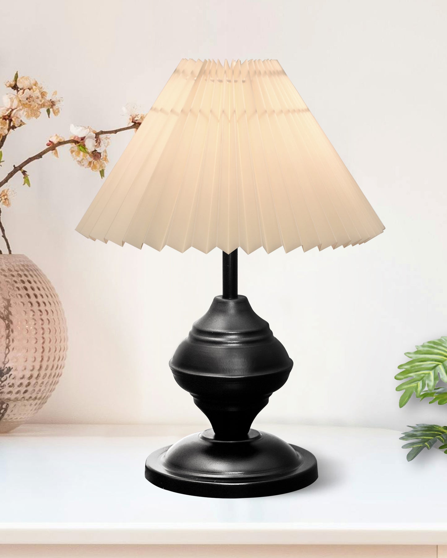 Bedside Black Metal Table Lamp with Fabric Shade, E27 holder, Urn, Pleated Shade