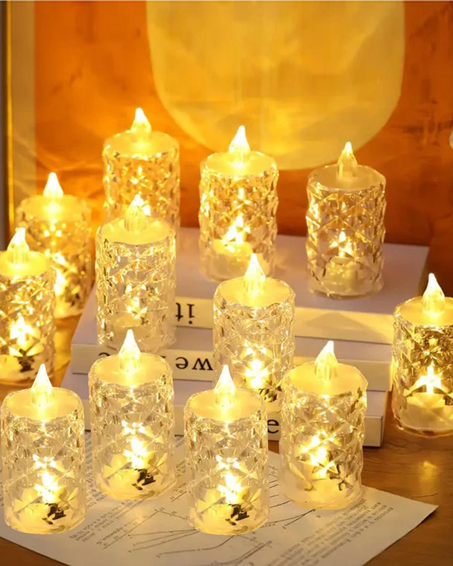 Flameless Crystal Candle, Diamond-Shape Candle, 6 Pieces Tea Lights, Warm White, for Weddings, Tables, Diwali, Christmas (1.5" 3.1")