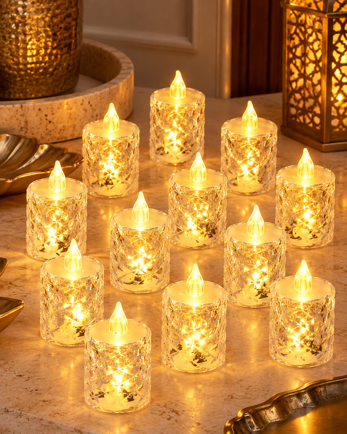 Flameless Crystal Candle, Diamond-Shape Candle, 6 Pieces Tea Lights, Warm White, for Weddings, Tables, Diwali, Christmas (1.5" 3.1")