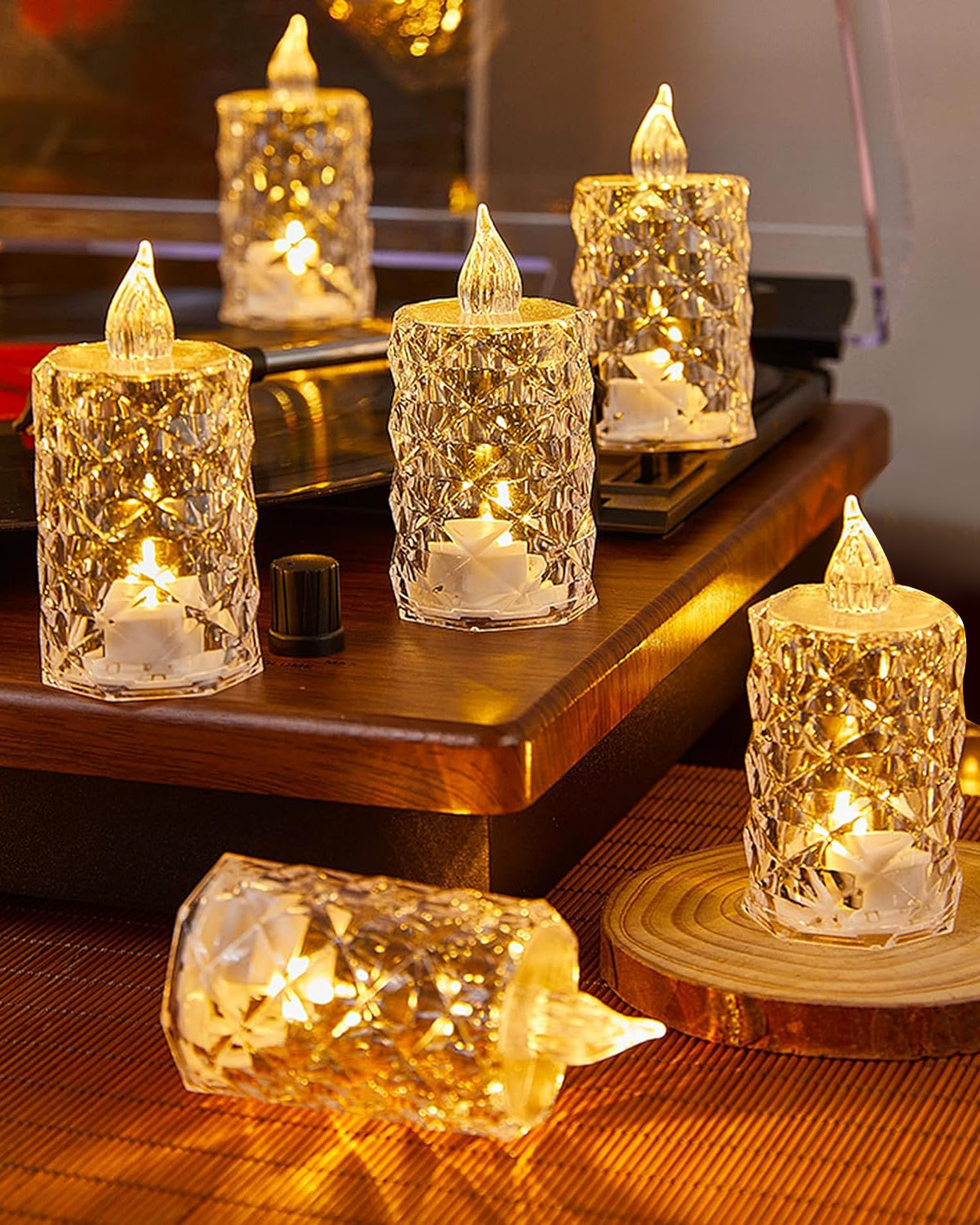 Flameless Crystal Candle, Diamond-Shape Candle, 6 Pieces Tea Lights, Warm White, for Weddings, Tables, Diwali, Christmas (1.5" 3.1")