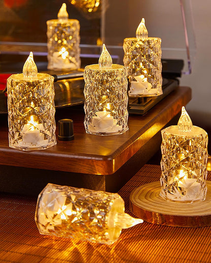 Flameless Crystal Candle, Diamond-Shape Candle, 6 Pieces Tea Lights, Warm White, for Weddings, Tables, Diwali, Christmas (1.5" 3.1")