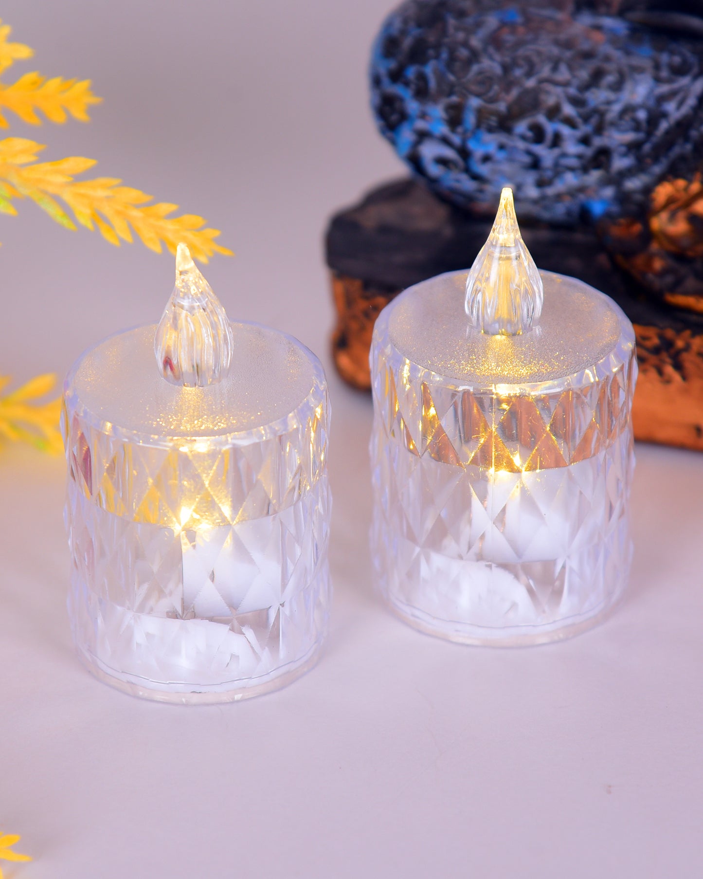 Flameless Crystal Candle, Diamond-Shape Candle, 6 Pieces Tea Lights, Warm White, for Weddings, Tables, Diwali, Christmas (1.5" 3.1")