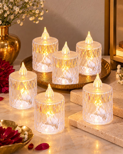 Flameless Crystal Candle, Diamond-Shape Candle, 6 Pieces Tea Lights, Warm White, for Weddings, Tables, Diwali, Christmas (1.5" 3.1")