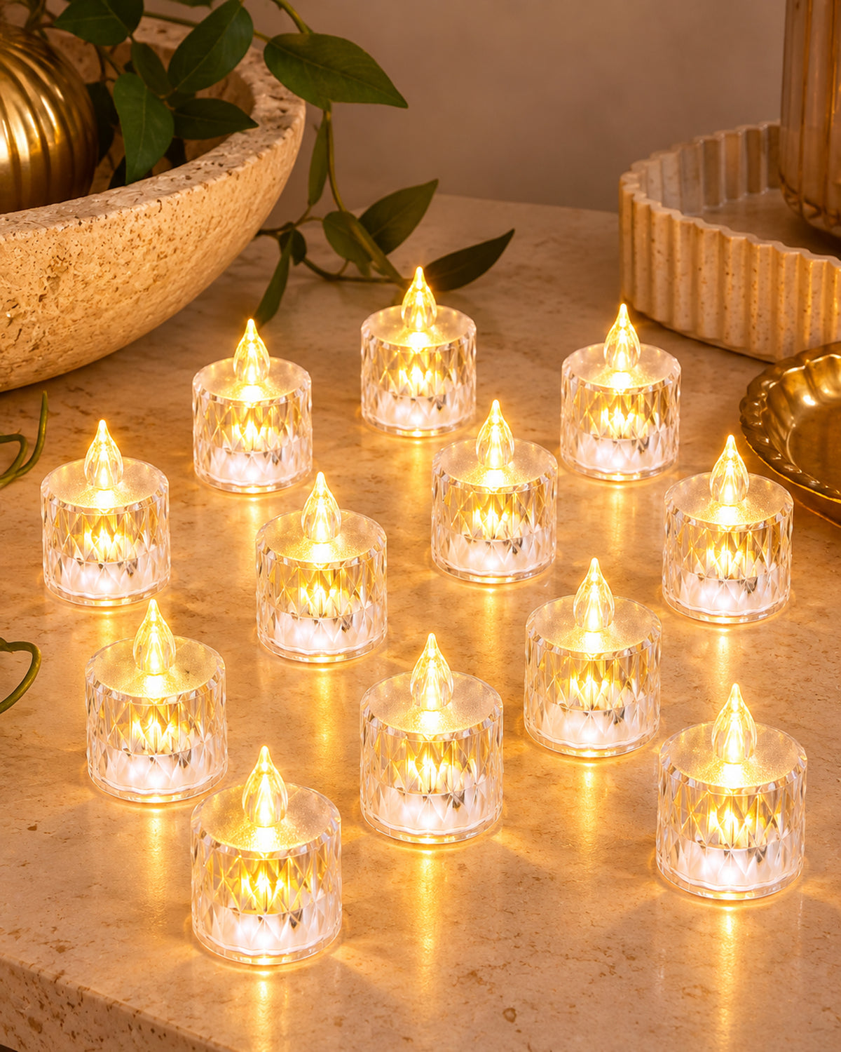 Flameless Crystal Candle, Diamond-Shape Candle, 6 Pieces Tea Lights, Warm White, for Weddings, Tables, Diwali, Christmas (1.5" 3.1")