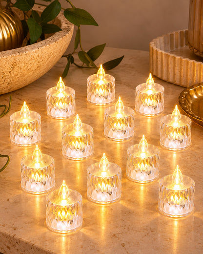 Flameless Crystal Candle, Diamond-Shape Candle, 6 Pieces Tea Lights, Warm White, for Weddings, Tables, Diwali, Christmas (1.5" 3.1")