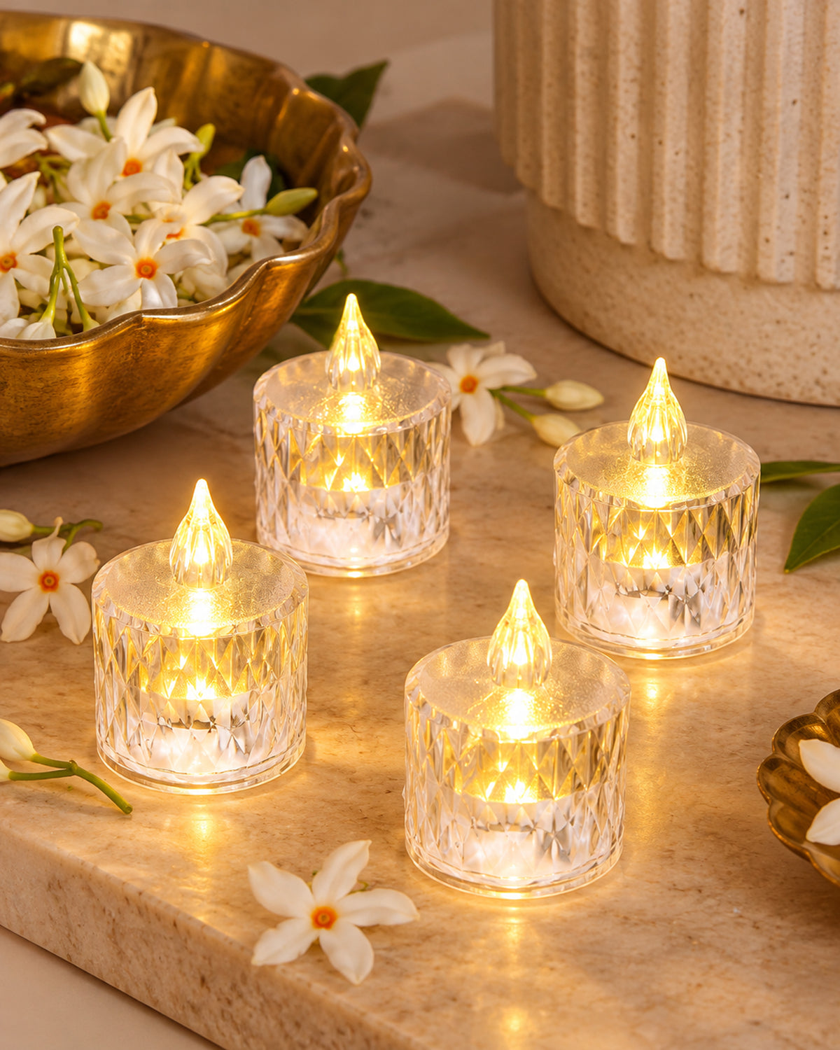 Flameless Crystal Candle, Diamond-Shape Candle, 6 Pieces Tea Lights, Warm White, for Weddings, Tables, Diwali, Christmas (1.5" 3.1")