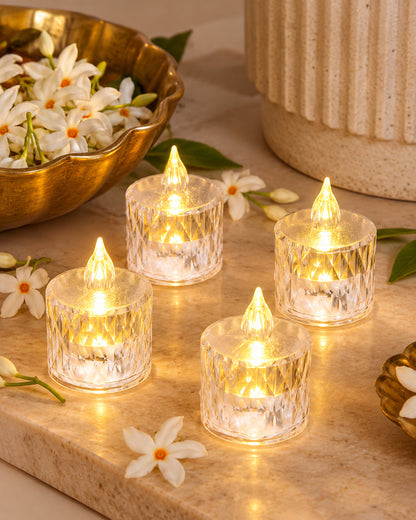 Flameless Crystal Candle, Diamond-Shape Candle, 6 Pieces Tea Lights, Warm White, for Weddings, Tables, Diwali, Christmas (1.5" 3.1")