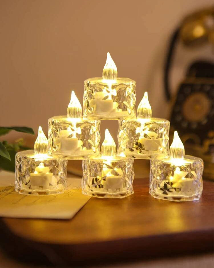 Flameless Crystal Candle, Diamond-Shape Candle, 6 Pieces Tea Lights, Warm White, for Weddings, Tables, Diwali, Christmas (1.5" 3.1")