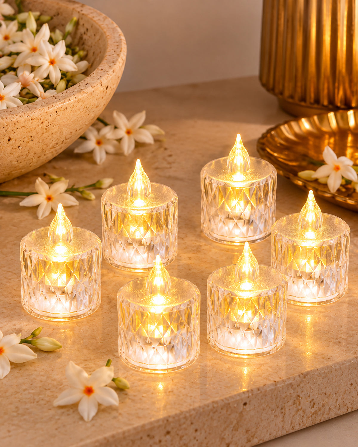 Flameless Crystal Candle, Diamond-Shape Candle, 6 Pieces Tea Lights, Warm White, for Weddings, Tables, Diwali, Christmas (1.5" 3.1")
