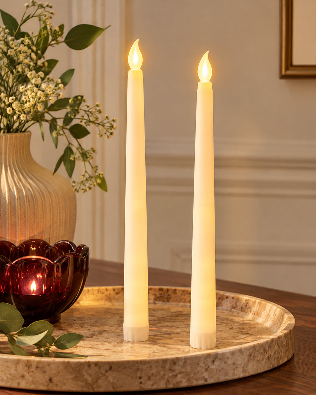Flameless Taper Candles - 11" Flickering LED Candlesticks, Electric Candles for Home Diwali Wedding Parties Holiday Decor, White, set of 2 & 6