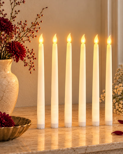 Flameless Taper Candles - 11" Flickering LED Candlesticks, Electric Candles for Home Diwali Wedding Parties Holiday Decor, White, set of 2 & 6