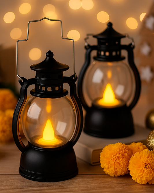 3 pcs Flameless and Smokeless Acrylic Antique LED Lantern Hurricane Lamp and Wall Hanging Led Candle Light for Home,Living Room for Diwali Decorations, Oil lantern, Black & White
