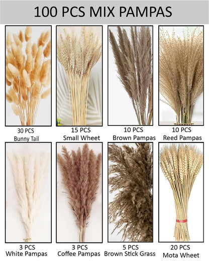 Mixed Dried Pampas Natural Grass Decor DIY Boho Natural Dried Flowers Eucalyptus Decor Dry Dried Plants Bouquet for Vase Home Floral Arrangements Decorations for Home Wedding 50, 70 & 100, Pcs