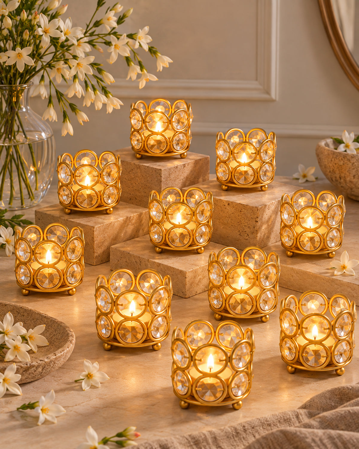 Crystal Tealight Candle Holder Votives Bowl Candle Holders for Home Decoration, Diya Diwali Decoration Lights Centerpieces for Wedding Home Party Table Decoration, Gold, Pack of 6 & 10
